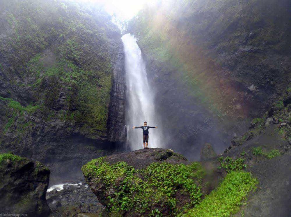 Air Terjun Kabut Pelangi yang diselimuti kabut di tengah hutan hijau Pronojiwo, Lumajang